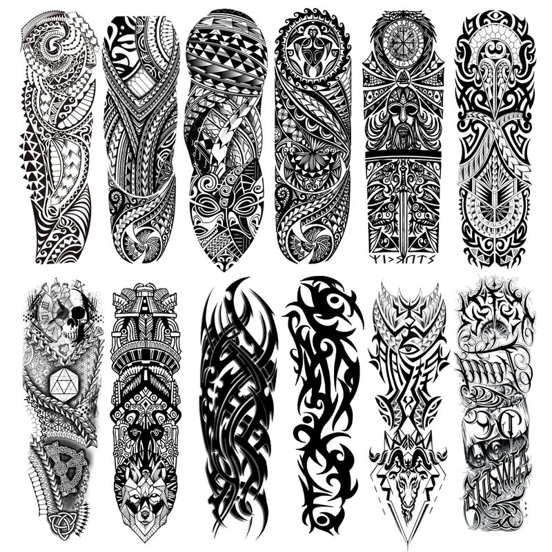 Fake Totem Sleeve Tattoos Stickers, Full Arm Tribal Totem Temporary Tattoos Sleeves for Adult Kids Women Makeup, 12-Sheet